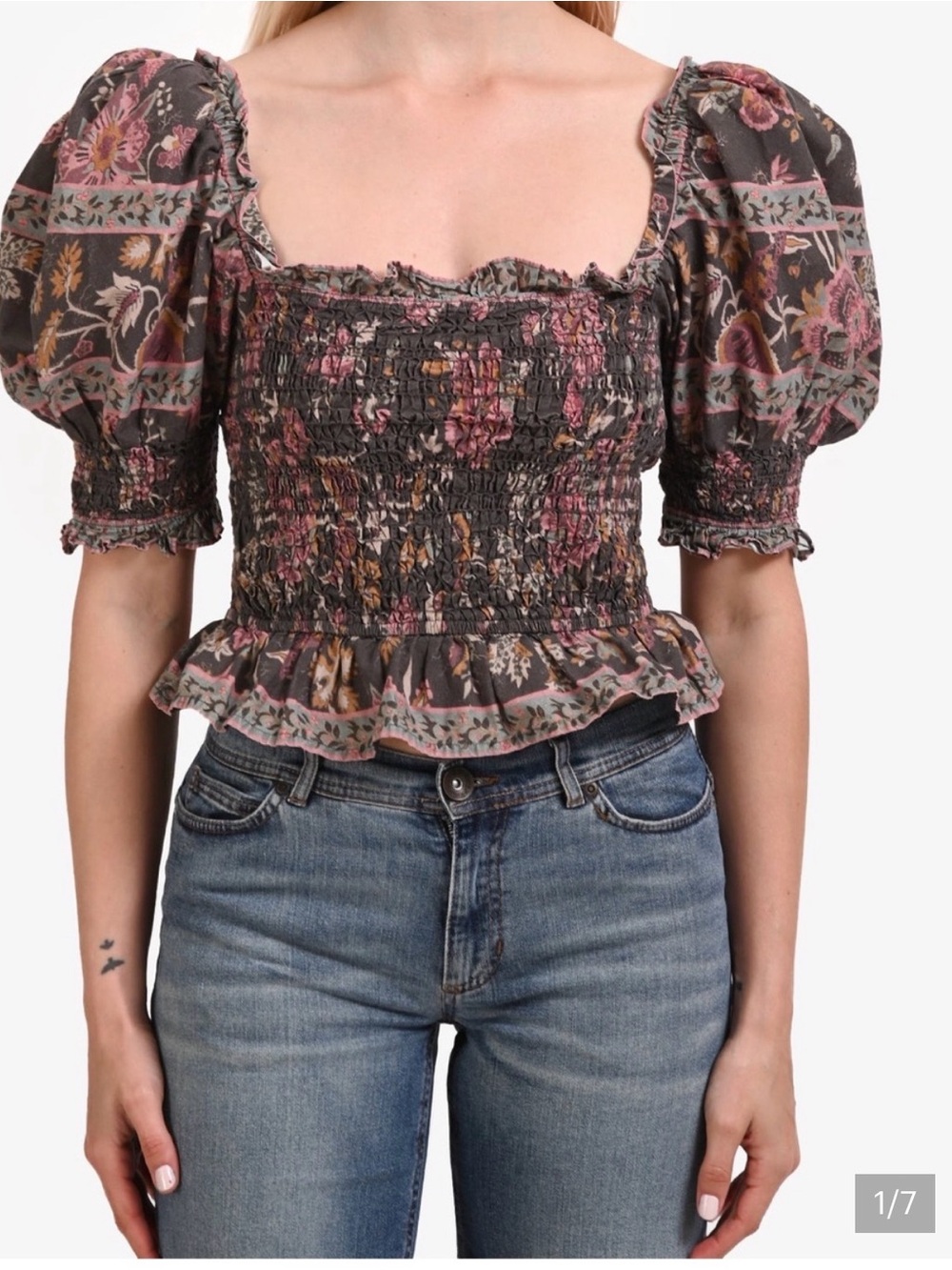 Sea New York Tess Floral Smocked Puff Sleeve Crop Top